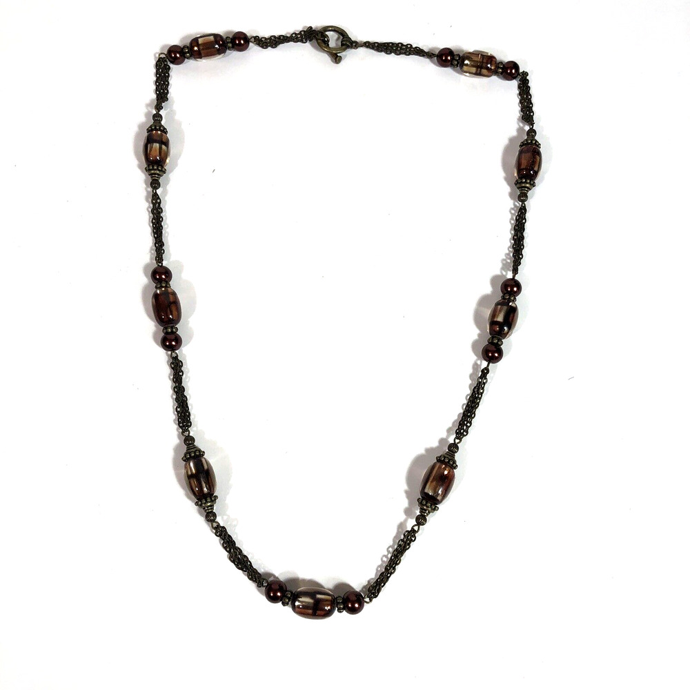 Glass Bead Station Necklace Multi Chain Brass and Bronze Colors 25" Retro Boho